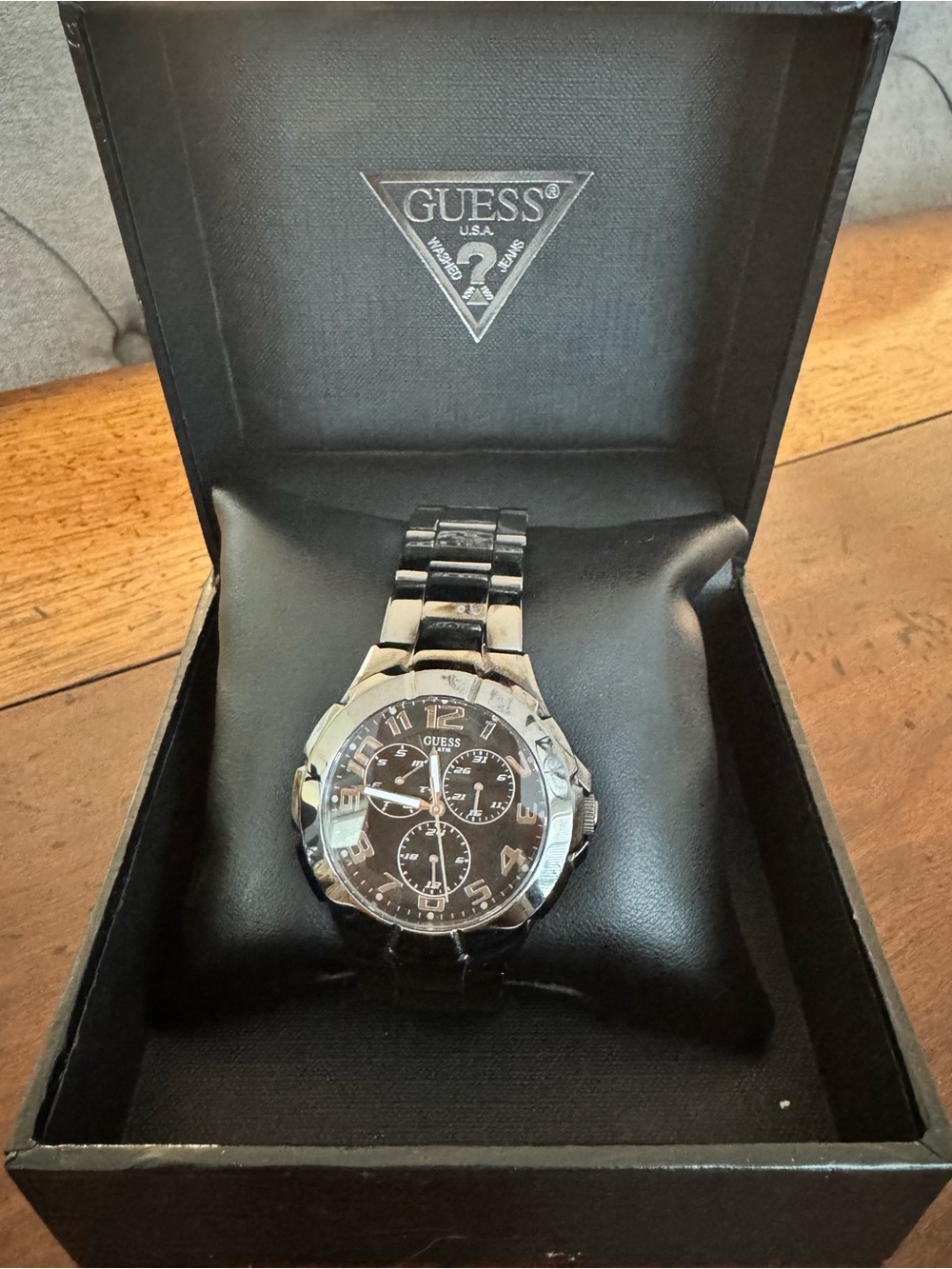 GUESS Black Stainless Steel Chronograph Watch with Metallic Accents